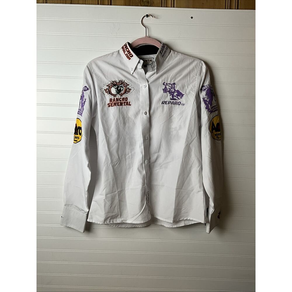 Women's Large Rancho Semental White Long Sleeve Reparo Shirt Rodeo Westernwear